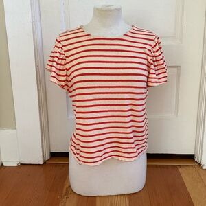 Madewell Ruffle Sleeve Cream Red Striped‎ Top Small
